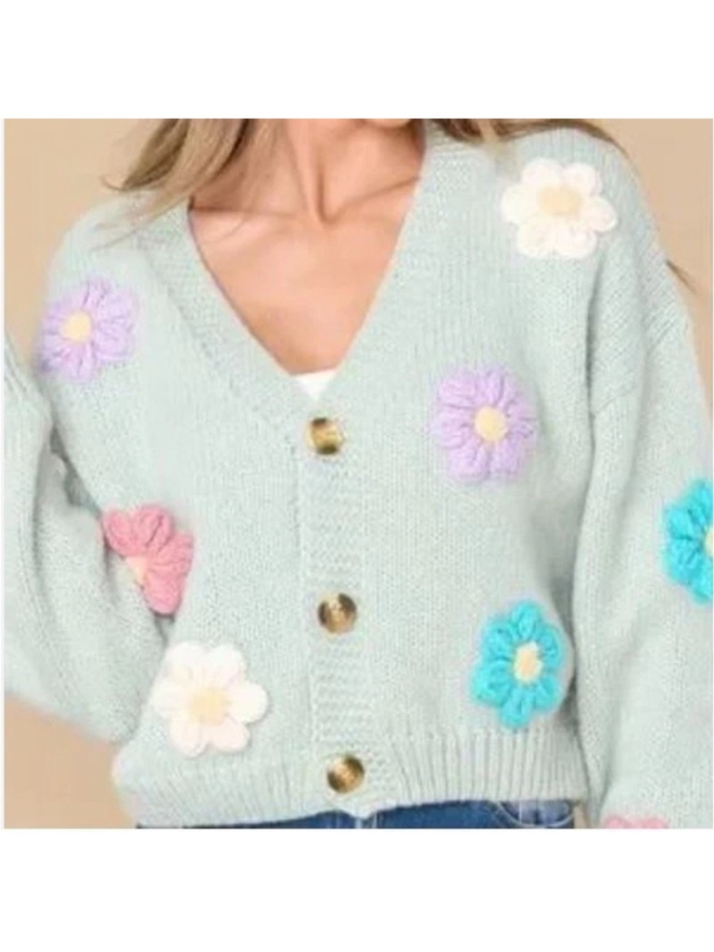 Luna Ivy Pastel Sage Green Raised Floral Knit Cardigan V-Neck Med